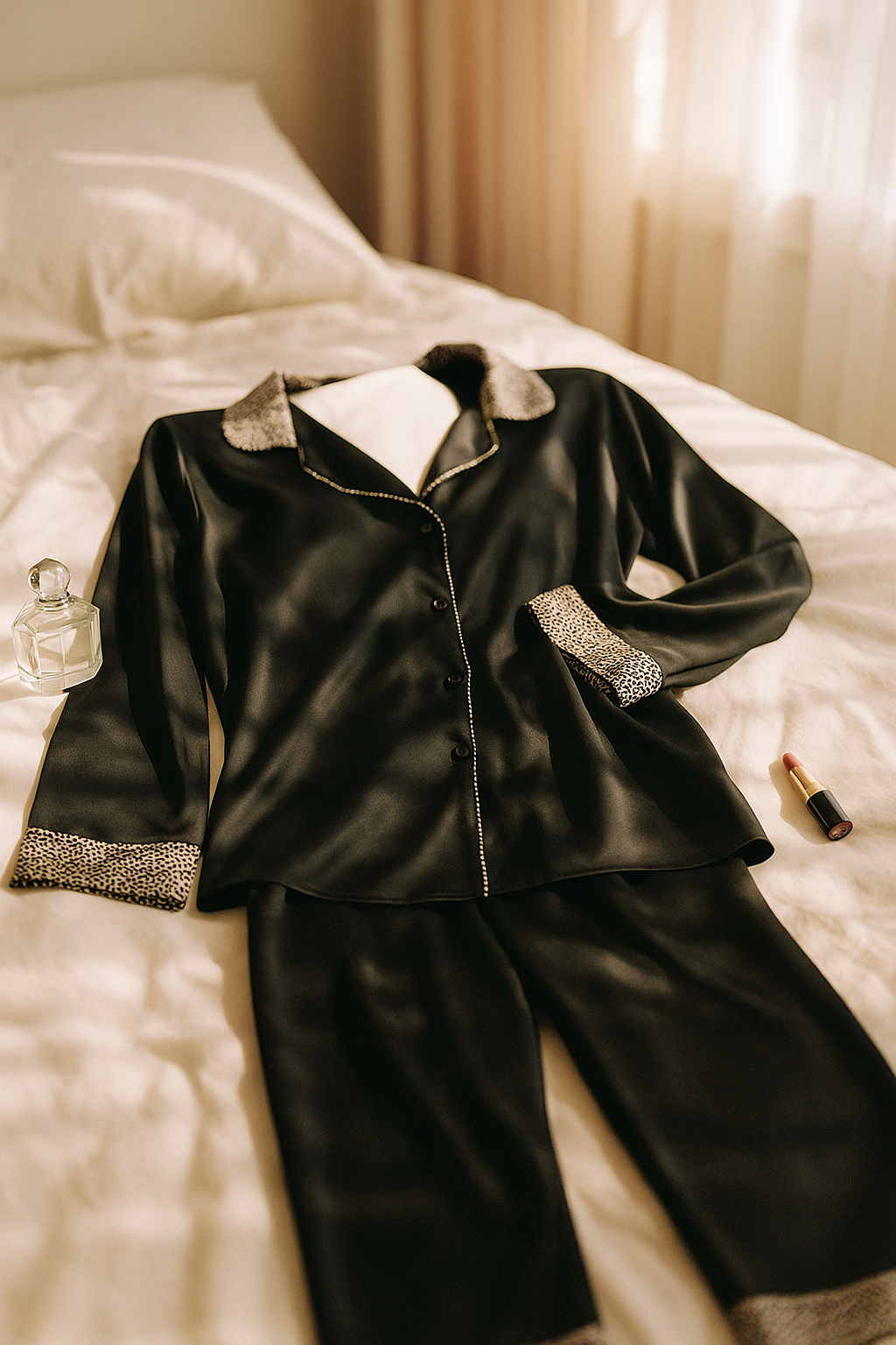 Leopar Detaylı Saten Pijama Takımı 926