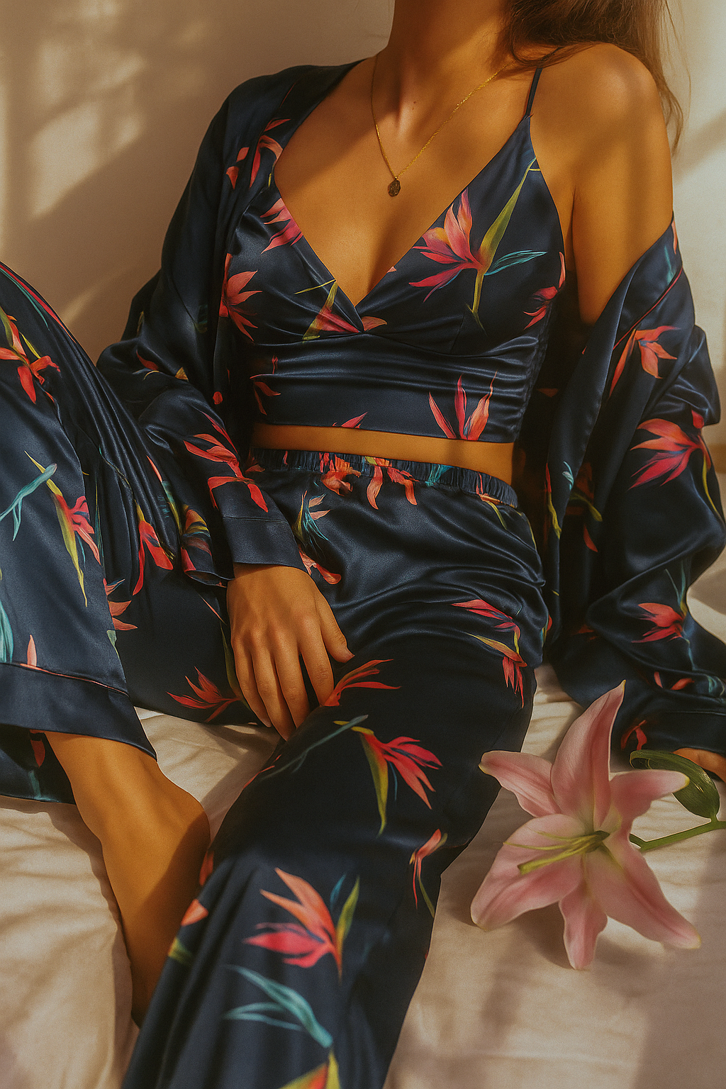 Üçlü Saten Pijama Takımı