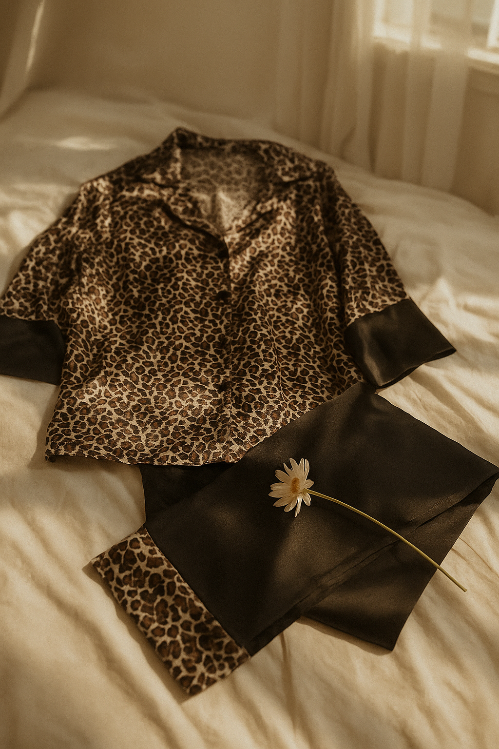 Saten Leopar Desenli Pijama Takımı