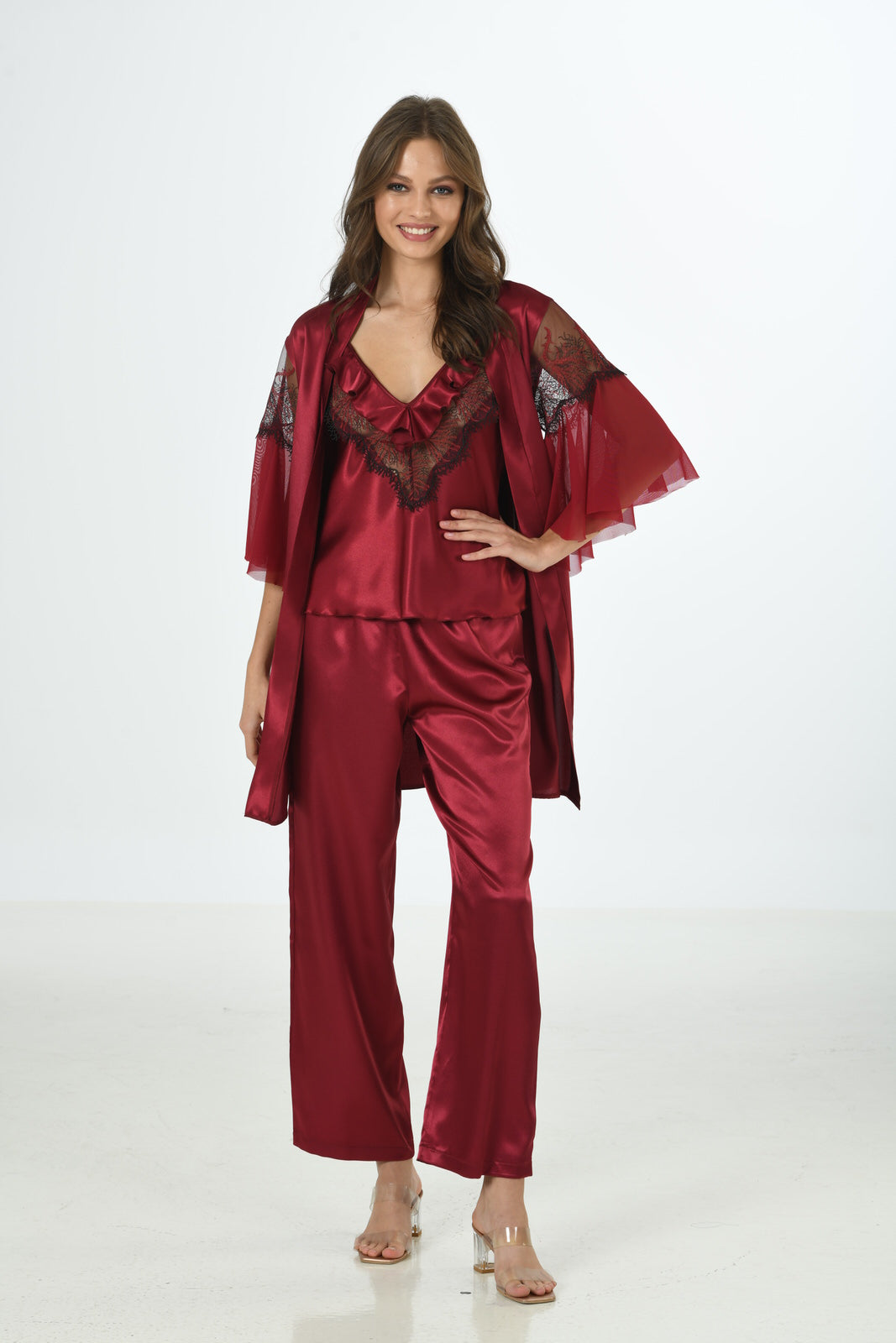 Pantolonlu Sabahlıklı Saten Pijama Takımı 605